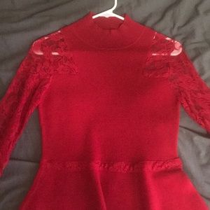 Red peplum lace long sleeve high neck top